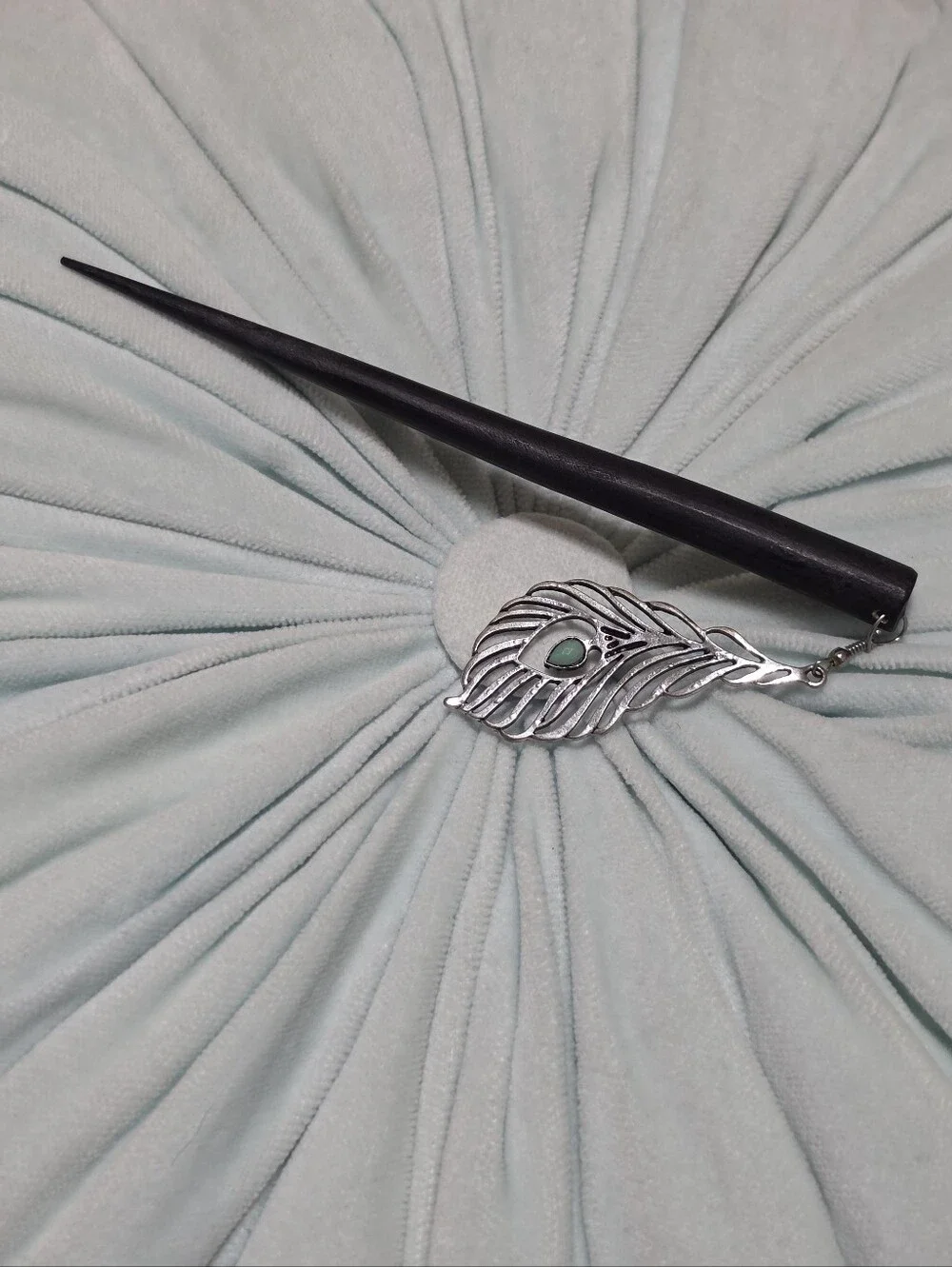 Peacock Feather Hair Stick with Turquoise Accent - Black